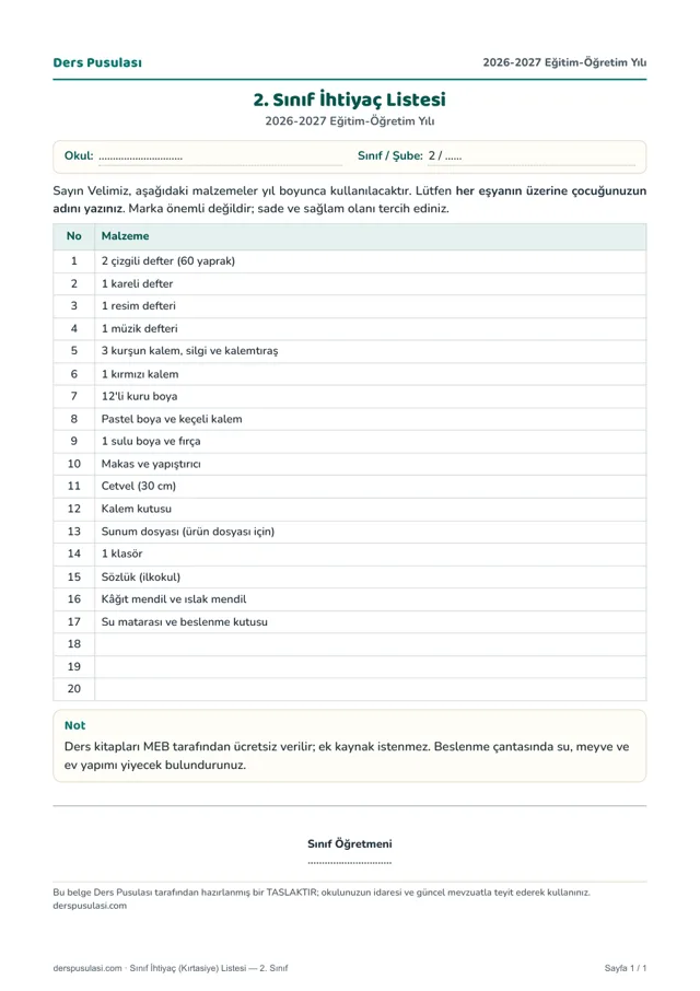 Öğrenci Kişisel Dosyası — Kapak ve İçindekiler 2026-2027 (Word ve PDF ...