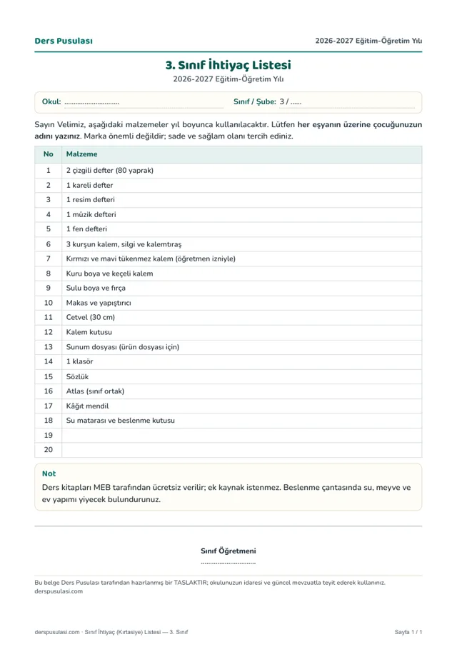 Öğrenci Kişisel Dosyası — Kapak ve İçindekiler 2026-2027 (Word ve PDF ...