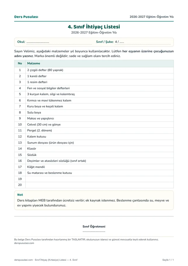 Öğrenci Kişisel Dosyası — Kapak ve İçindekiler 2026-2027 (Word ve PDF ...